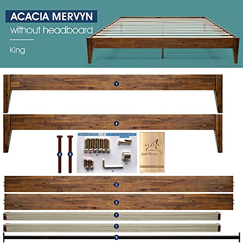 Acacia Mervyn Bed Frame Solid Wood Platform Bed, Bed Frame King, Natural Wood Bed Compatible with All Mattress Types, No Box Spring Needed, Wood Slats Support, Quick & Easy Assembly, Caramel