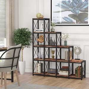 PAKASEPT 14 Shelves Bookshelf, Ladder Corner Bookshelf, Industrial Vintage Bookshelf, Rustic 5-Tier Display Shelf Storage Organizer for Home Office Living Room