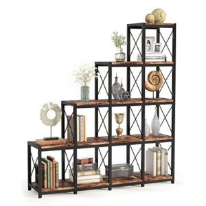 PAKASEPT 14 Shelves Bookshelf, Ladder Corner Bookshelf, Industrial Vintage Bookshelf, Rustic 5-Tier Display Shelf Storage Organizer for Home Office Living Room