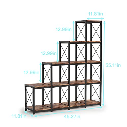 PAKASEPT 14 Shelves Bookshelf, Ladder Corner Bookshelf, Industrial Vintage Bookshelf, Rustic 5-Tier Display Shelf Storage Organizer for Home Office Living Room