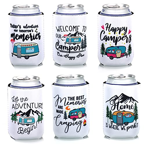 Set of 6 Camping Can Sleeves for Camper, Camper Decor Gifts for Camper, Soda Beer Beverage Camper Can Cooler for Camping Picnic Outdoor Accessories