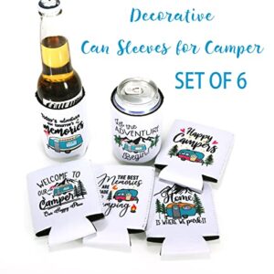 Set of 6 Camping Can Sleeves for Camper, Camper Decor Gifts for Camper, Soda Beer Beverage Camper Can Cooler for Camping Picnic Outdoor Accessories