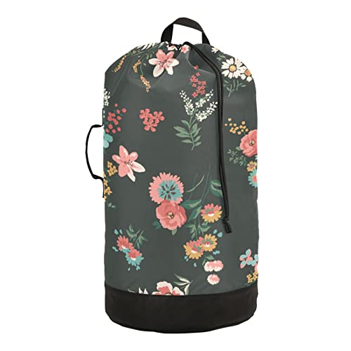 Floral Pattern Laundry Backpack with Adjustable Shoulder Straps Heavy Duty Dirty Clothes Organizer Drawstring Closure Laundry Bag for College Dorm Travel Camp