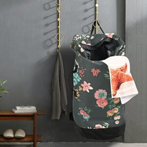 Floral Pattern Laundry Backpack with Adjustable Shoulder Straps Heavy Duty Dirty Clothes Organizer Drawstring Closure Laundry Bag for College Dorm Travel Camp