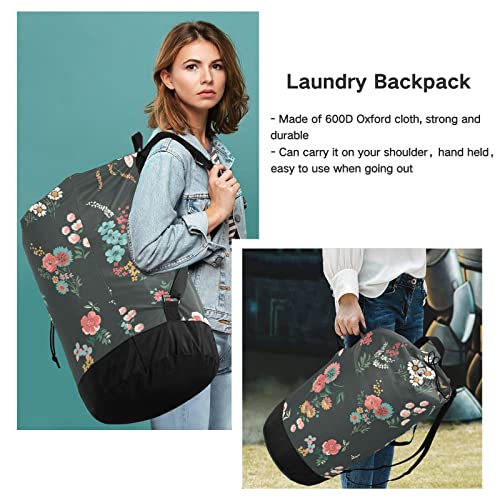 Floral Pattern Laundry Backpack with Adjustable Shoulder Straps Heavy Duty Dirty Clothes Organizer Drawstring Closure Laundry Bag for College Dorm Travel Camp
