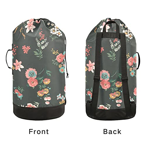 Floral Pattern Laundry Backpack with Adjustable Shoulder Straps Heavy Duty Dirty Clothes Organizer Drawstring Closure Laundry Bag for College Dorm Travel Camp