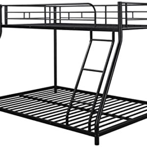 Majnesvon Metal Floor Bunk Bed, Twin Over Full Low Bunk Bed, Heavy Duty Frame with Sloping Ladder and Safety Guardrails for Teens Adults, No Box Spring Needed,Easy Assembly (Black)