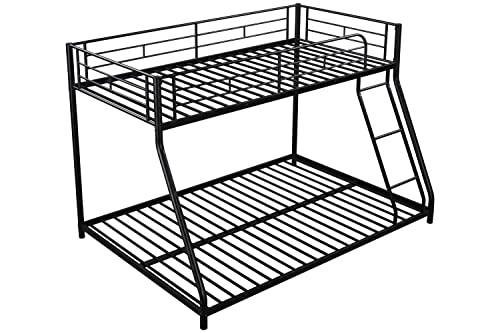 Majnesvon Metal Floor Bunk Bed, Twin Over Full Low Bunk Bed, Heavy Duty Frame with Sloping Ladder and Safety Guardrails for Teens Adults, No Box Spring Needed,Easy Assembly (Black)