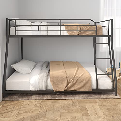 Majnesvon Metal Floor Bunk Bed, Twin Over Full Low Bunk Bed, Heavy Duty Frame with Sloping Ladder and Safety Guardrails for Teens Adults, No Box Spring Needed,Easy Assembly (Black)