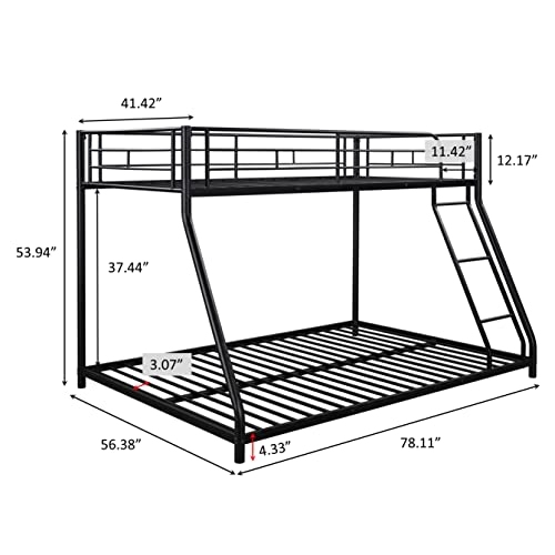 Majnesvon Metal Floor Bunk Bed, Twin Over Full Low Bunk Bed, Heavy Duty Frame with Sloping Ladder and Safety Guardrails for Teens Adults, No Box Spring Needed,Easy Assembly (Black)