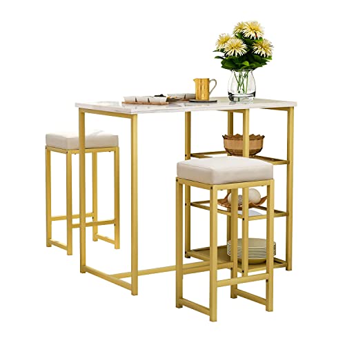 Recaceik 3-Piece Modern Bar Table Set, Pub Table Dining Table Set with Open Storage Shelves, Bar Table and Chairs Set with 2 PU Bar Stools, Counter Height Table Kitchen Table Set for Small Space