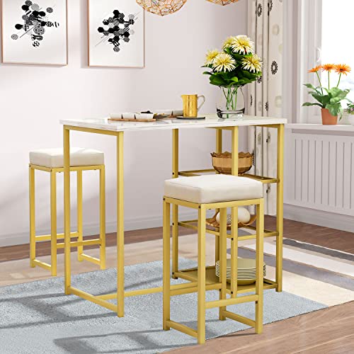 Recaceik 3-Piece Modern Bar Table Set, Pub Table Dining Table Set with Open Storage Shelves, Bar Table and Chairs Set with 2 PU Bar Stools, Counter Height Table Kitchen Table Set for Small Space