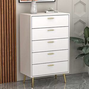 aiegle 5 drawer dresser, chest of drawers with metal legs, wood dresser storage chest drawers for bedroom, living room, white (27.4" w x 15.7" d x 45" h)