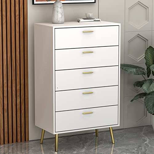 AIEGLE 5 Drawer Dresser, Chest of Drawers with Metal Legs, Wood Dresser Storage Chest Drawers for Bedroom, Living Room, White (27.4" W x 15.7" D x 45" H)