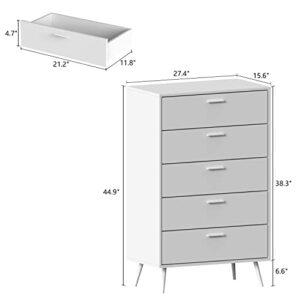 AIEGLE 5 Drawer Dresser, Chest of Drawers with Metal Legs, Wood Dresser Storage Chest Drawers for Bedroom, Living Room, White (27.4" W x 15.7" D x 45" H)