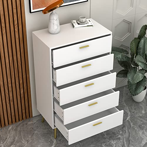 AIEGLE 5 Drawer Dresser, Chest of Drawers with Metal Legs, Wood Dresser Storage Chest Drawers for Bedroom, Living Room, White (27.4" W x 15.7" D x 45" H)