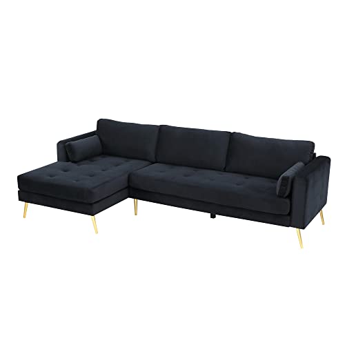 P PURLOVE Sectional Sofa Couch, L-Shape Upholstered Couch with Two Pillows for Living Room Home Furniture, Black