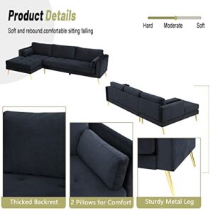 P PURLOVE Sectional Sofa Couch, L-Shape Upholstered Couch with Two Pillows for Living Room Home Furniture, Black