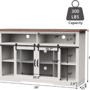 Xilingol Farmhouse Style TV Stand for 65+ Inch TVs, Tall Entertainment Center with Barn Door, Television Cabinets & Storage Shelves, 65 Inch TV Stands for Living Room, Grey