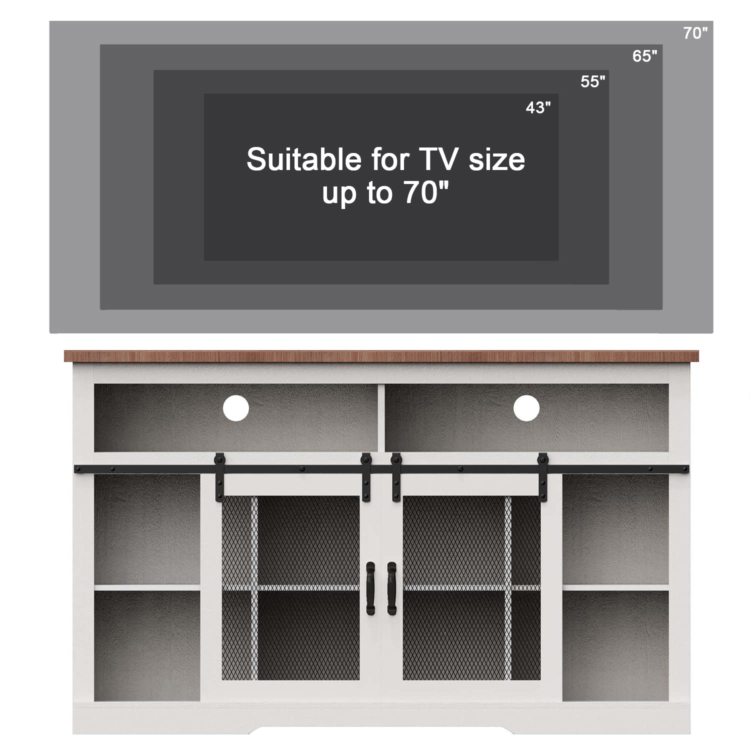 Xilingol Farmhouse Style TV Stand for 65+ Inch TVs, Tall Entertainment Center with Barn Door, Television Cabinets & Storage Shelves, 65 Inch TV Stands for Living Room, Grey