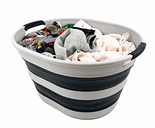 SAMMART 23L (6 Gallons) Collapsible Plastic Laundry Basket - Oval Tub/Basket - Foldable Storage Container/Organizer - Portable Washing Tub - Space Saving Laundry Hamper (Grey/Slate Grey)