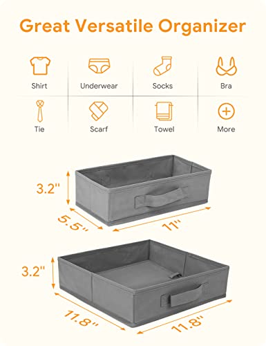 Teklar Dresser Drawer Organizers for Clothing [10 Pack] Foldable Fabric Shallow Clothes Drawer Dividers with 3.2" Height for Baby Clothes, Underwear, Sock, Bra (6 Medium + 4 Large, Grey)