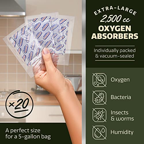 15-Pack 5 Gallon Mylar Bags with Oxygen Absorbers - 7 Mil (14 Mil Total), Never Folded - Mylar Bags for Food Storage - 20 Individually Vacuum-Sealed 2,500cc Oxygen Absorbers & Labels