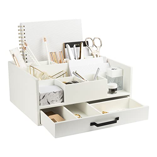 White Wooden Large Desk Organizer with Drawer - Office Supplies Desk Organizer for Desk - Desktop Organization - Office Desk Accessories and Organizer - Home Office Desk Organizer - White Wood