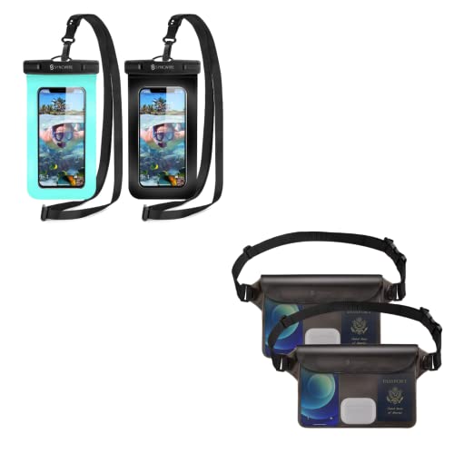 Syncwire IPX8 Waterproof Phone Pouch with Lanyard 2 Pack & IP68 Waterproof Fanny Bag with Adjustable Waist Strap 2 Pack for iPhone Samsung Galaxy and More, Beach Accessories, vacation must haves