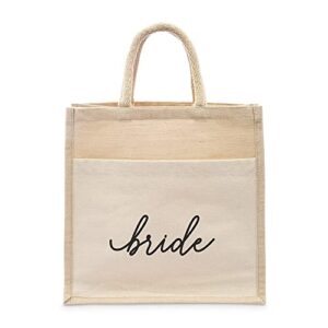 weddingstar medium reusable woven jute tote bag with pocket - bride