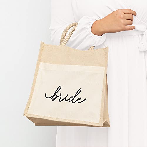 WEDDINGSTAR Medium Reusable Woven Jute Tote Bag With Pocket - Bride