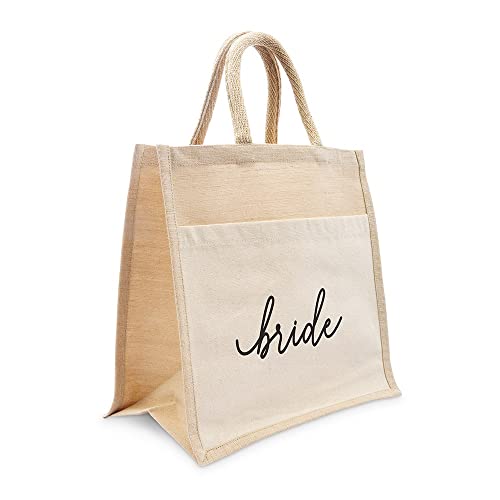 WEDDINGSTAR Medium Reusable Woven Jute Tote Bag With Pocket - Bride