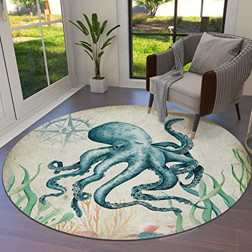 Octopus Coral Starfish Compass Round Area Rugs 3.3ft - Soft Area Rug for Kids Room, Retro Marine Life Machine Washable Living Room Circle Rugs, Non-Shedding Residential Bedroom Carpet Floor Mat