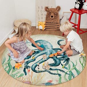 Octopus Coral Starfish Compass Round Area Rugs 3.3ft - Soft Area Rug for Kids Room, Retro Marine Life Machine Washable Living Room Circle Rugs, Non-Shedding Residential Bedroom Carpet Floor Mat