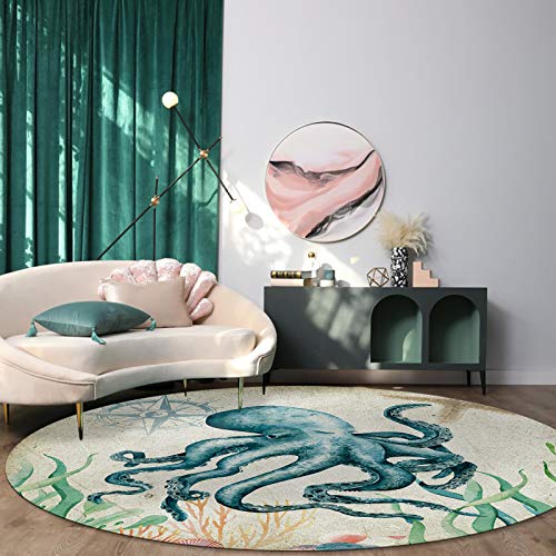 Octopus Coral Starfish Compass Round Area Rugs 3.3ft - Soft Area Rug for Kids Room, Retro Marine Life Machine Washable Living Room Circle Rugs, Non-Shedding Residential Bedroom Carpet Floor Mat