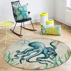 Octopus Coral Starfish Compass Round Area Rugs 3.3ft - Soft Area Rug for Kids Room, Retro Marine Life Machine Washable Living Room Circle Rugs, Non-Shedding Residential Bedroom Carpet Floor Mat