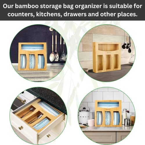 Bamboo Ziplock Bag Organizer, Wall Mounted Food Storage Bags Container for Kitchen Drawer, Baggie Storages Box - Compatible with Sandwich, Gallon, Quart and Snack (12 x 12 x 3 Inches)