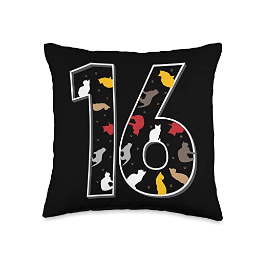 16 Years Old Birthday Gifts for Cat Lovers Sixteen Cat Design-16th Birthday Children Throw Pillow, 16x16, Multicolor