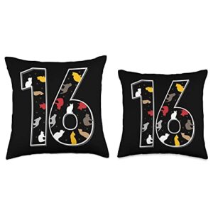 16 Years Old Birthday Gifts for Cat Lovers Sixteen Cat Design-16th Birthday Children Throw Pillow, 16x16, Multicolor