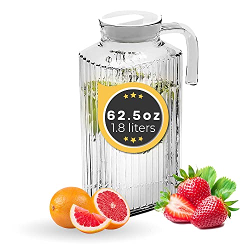 Xabono 1.8 L (62.5 oz) Glass Pitcher with Lid 2 Quart Pitcher with Lid Strong Glass Glass Pitcher Fridge Glass Water Pitcher Juice Sangria Ice Tea Glass Milk Bottle with Lid Glass Handle Glass Carafe