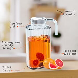 Xabono 1.8 L (62.5 oz) Glass Pitcher with Lid 2 Quart Pitcher with Lid Strong Glass Glass Pitcher Fridge Glass Water Pitcher Juice Sangria Ice Tea Glass Milk Bottle with Lid Glass Handle Glass Carafe