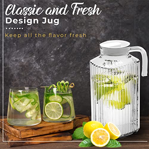 Xabono 1.8 L (62.5 oz) Glass Pitcher with Lid 2 Quart Pitcher with Lid Strong Glass Glass Pitcher Fridge Glass Water Pitcher Juice Sangria Ice Tea Glass Milk Bottle with Lid Glass Handle Glass Carafe