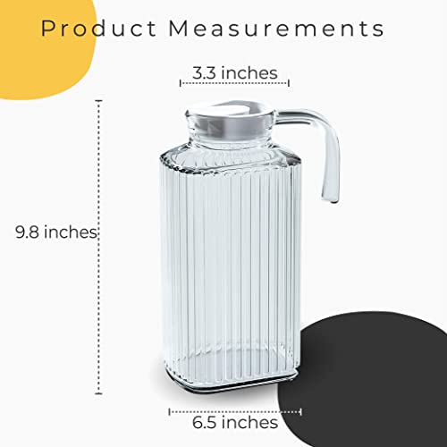 Xabono 1.8 L (62.5 oz) Glass Pitcher with Lid 2 Quart Pitcher with Lid Strong Glass Glass Pitcher Fridge Glass Water Pitcher Juice Sangria Ice Tea Glass Milk Bottle with Lid Glass Handle Glass Carafe