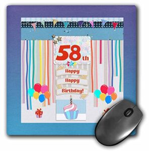3drose image of 58th birthday tag, cupcake, candle, balloons, gifts,... - mouse pads (mp_359893_1)