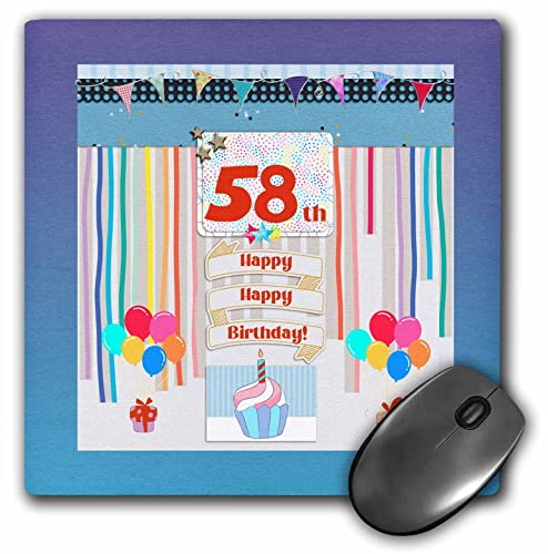 3dRose Image of 58th Birthday Tag, Cupcake, Candle, Balloons, Gifts,... - Mouse Pads (mp_359893_1)