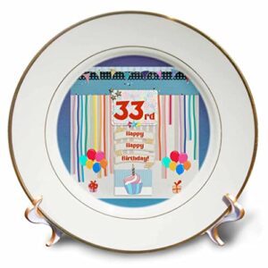 3drose image of 33rd birthday tag, cupcake, candle, balloons, gifts, streamer - plates (cp_359594_1)