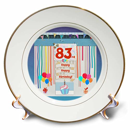 3dRose Image of 83rd Birthday Tag, Cupcake, Candle, Balloons, Gifts, Streamer - Plates (cp_360018_1)