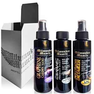 Milwaukee Muscle - 4oz Graphene Ceramic Coating Detail Wax, Wash & Interior Cleaner Travel Pack - The Best Protection Against Scratches, Swirls, Paint Chips, No Buff, 6 month Protection, Insane Shine, & Stronger than Car Wax - The Perfect On-The-Go Cleani