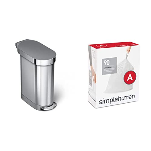 simplehuman 45 Liter / 12 Gallon Slim Hands-Free Kitchen Step Trash Can & Code A Custom Fit Drawstring Trash Bags in Dispenser Packs, 4.5 Liter / 1.2 Gallon, White – 90 Liners