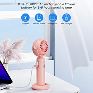 Otlonpe Handheld Fan, Mini Portable Fan[Hand Desk Neck 3 IN 1], Turbo Hand Held Fan 130°Rotatable Rechargeable Personal Fan, Small Hand Fan with 3 Speeds/Base/Lanyard for Travel Outdoor Home Office